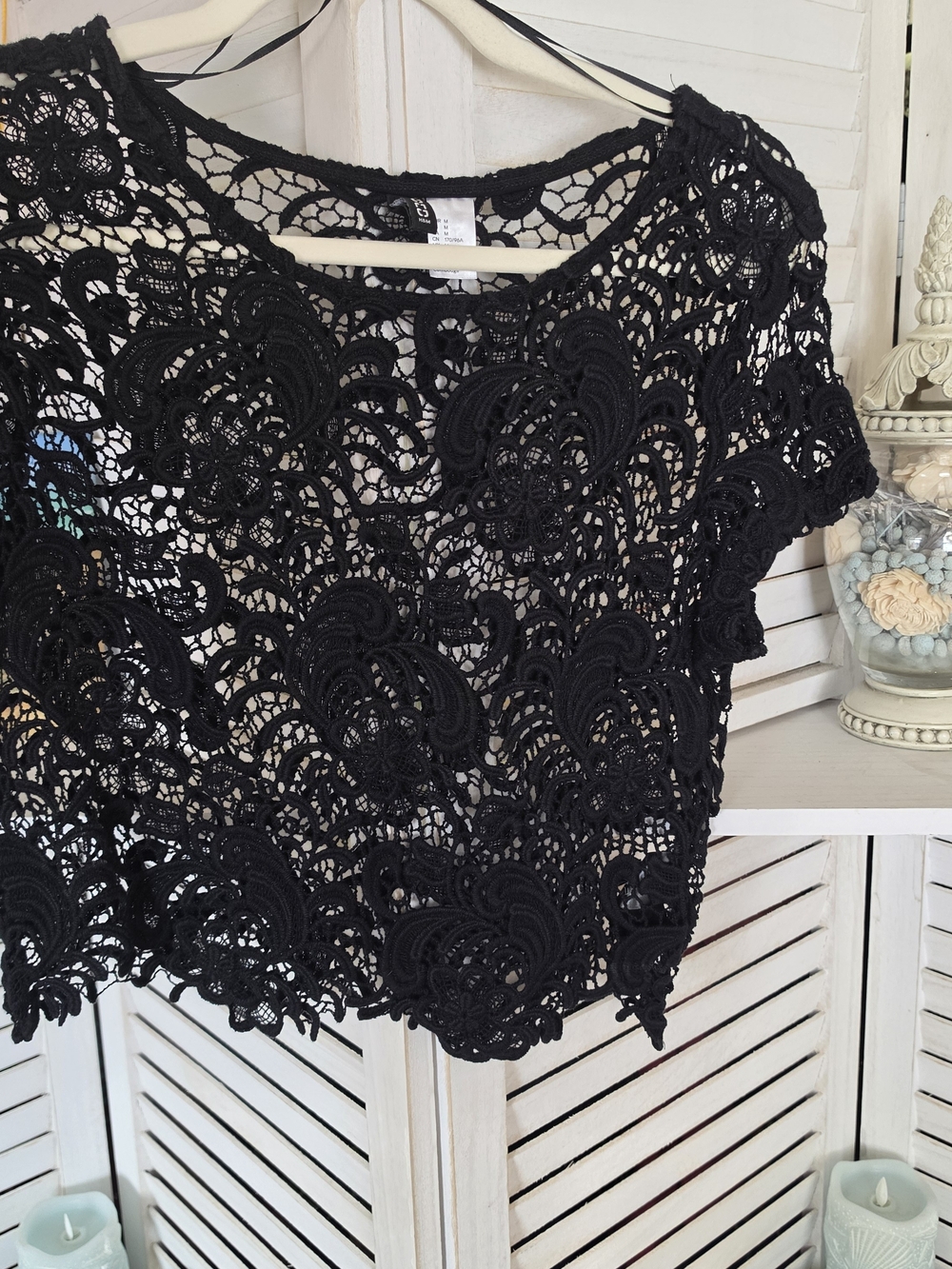 H&M Black Crochet Lace Short Sleeve Top Size M Shabby Chic Boho Romantic